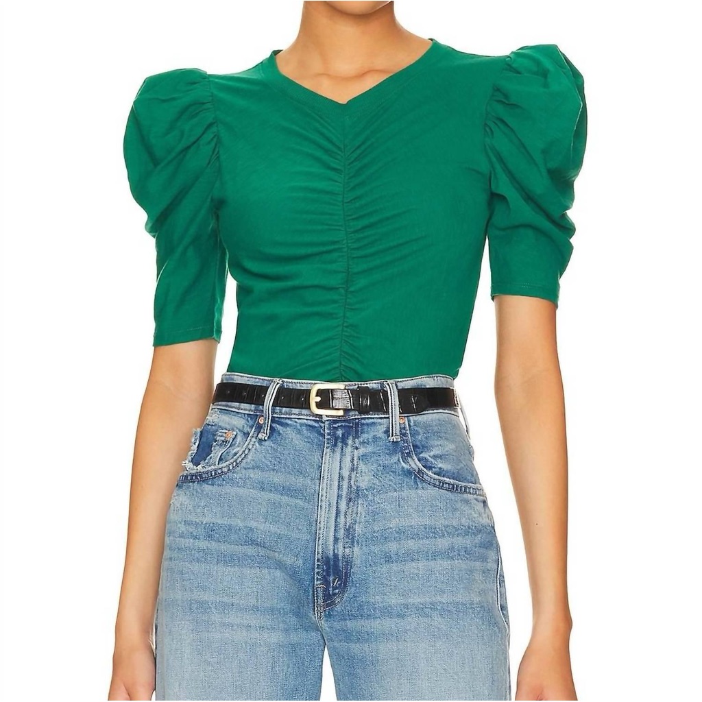 Nation Ltd Gael Gathered Puff Sleeve Cotton Tee In Emerald Small